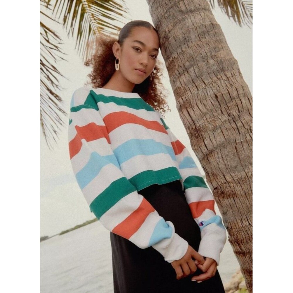 Champion & UO Cropped Sweatshirt Reverse Weave Striped Oversized Womens Size M